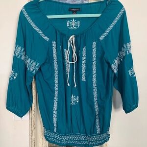 Banana Republic Teal Blouse with White Embroidery